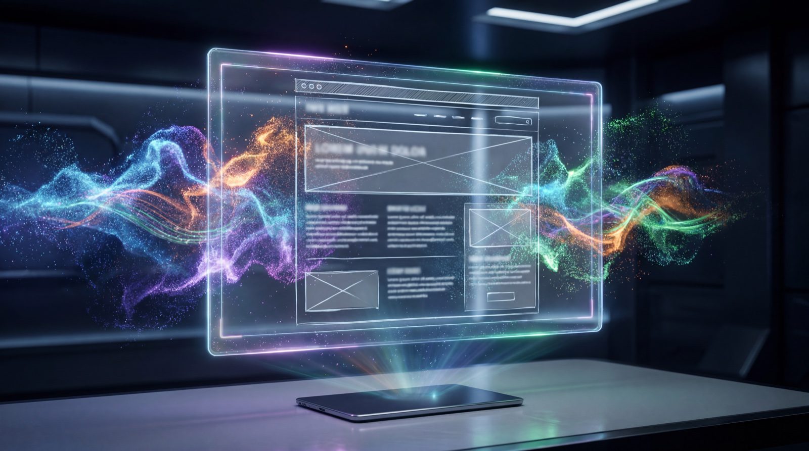 Holographic website being composed from colorful particles