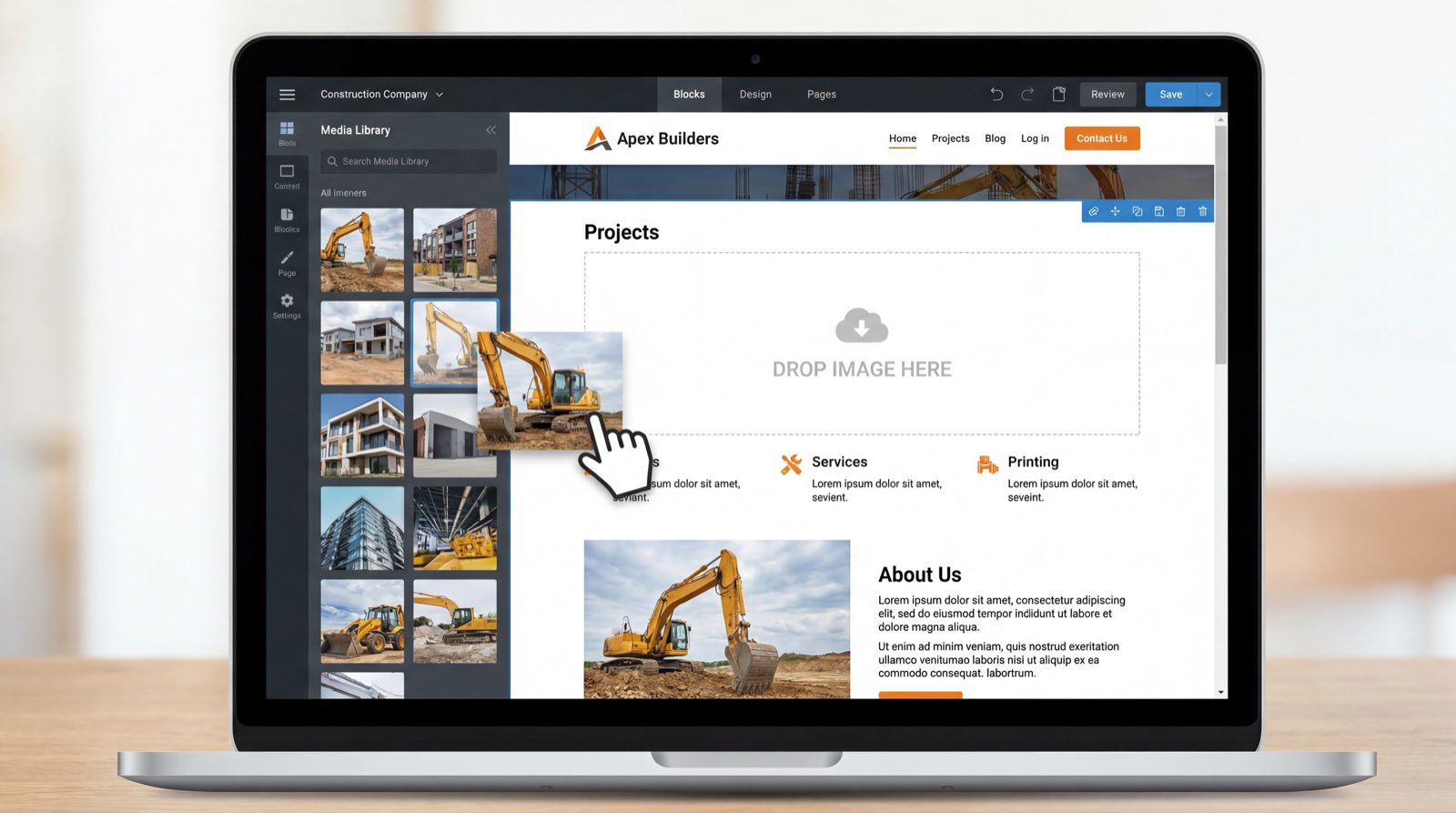 Visual drag-and-drop block editor for a website