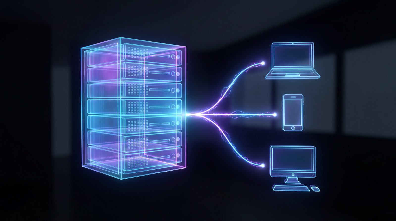 Holographic server connected to laptop, phone, and desktop monitor