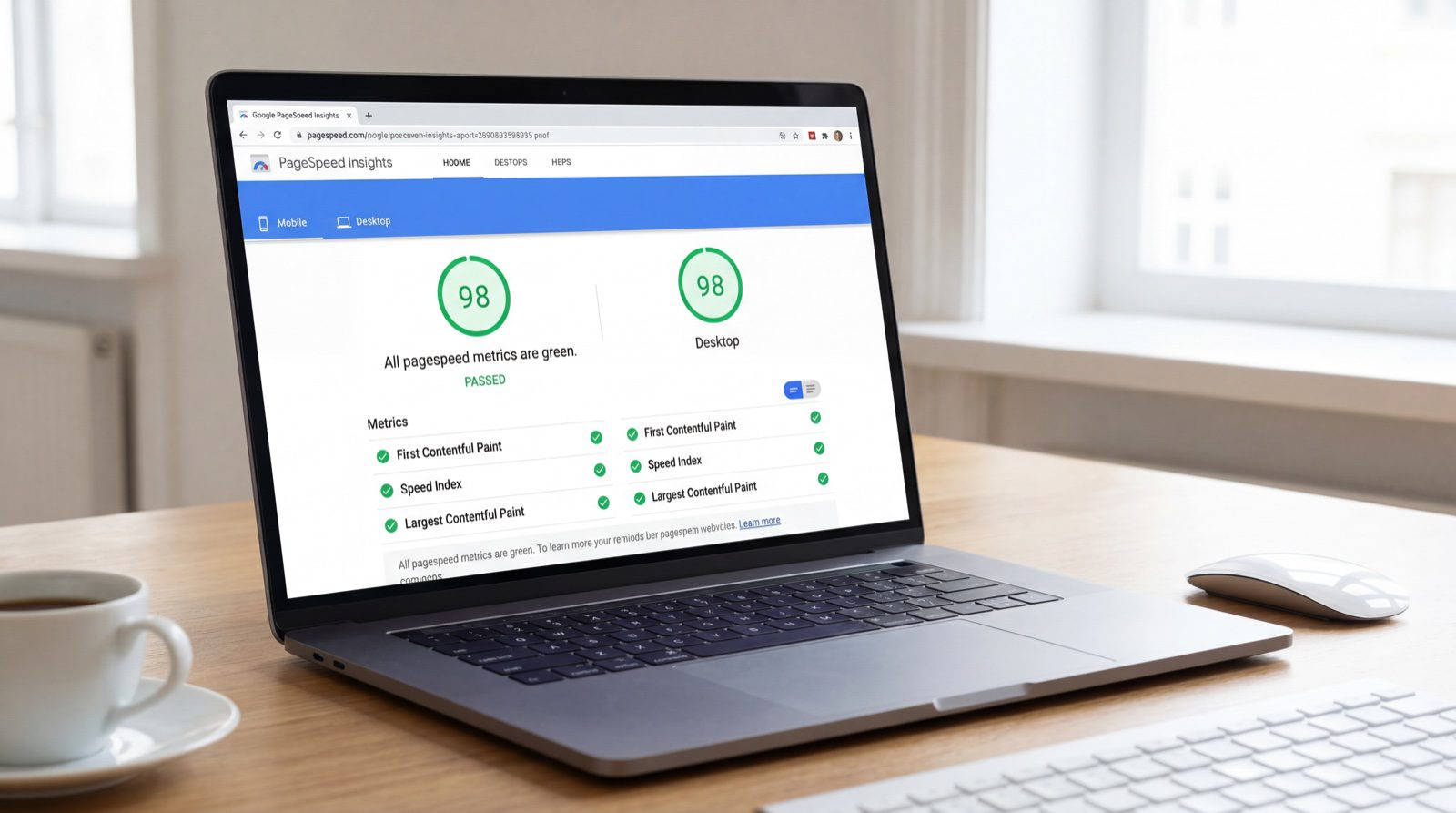 Laptop displaying PageSpeed Insights with 98 mobile and desktop scores