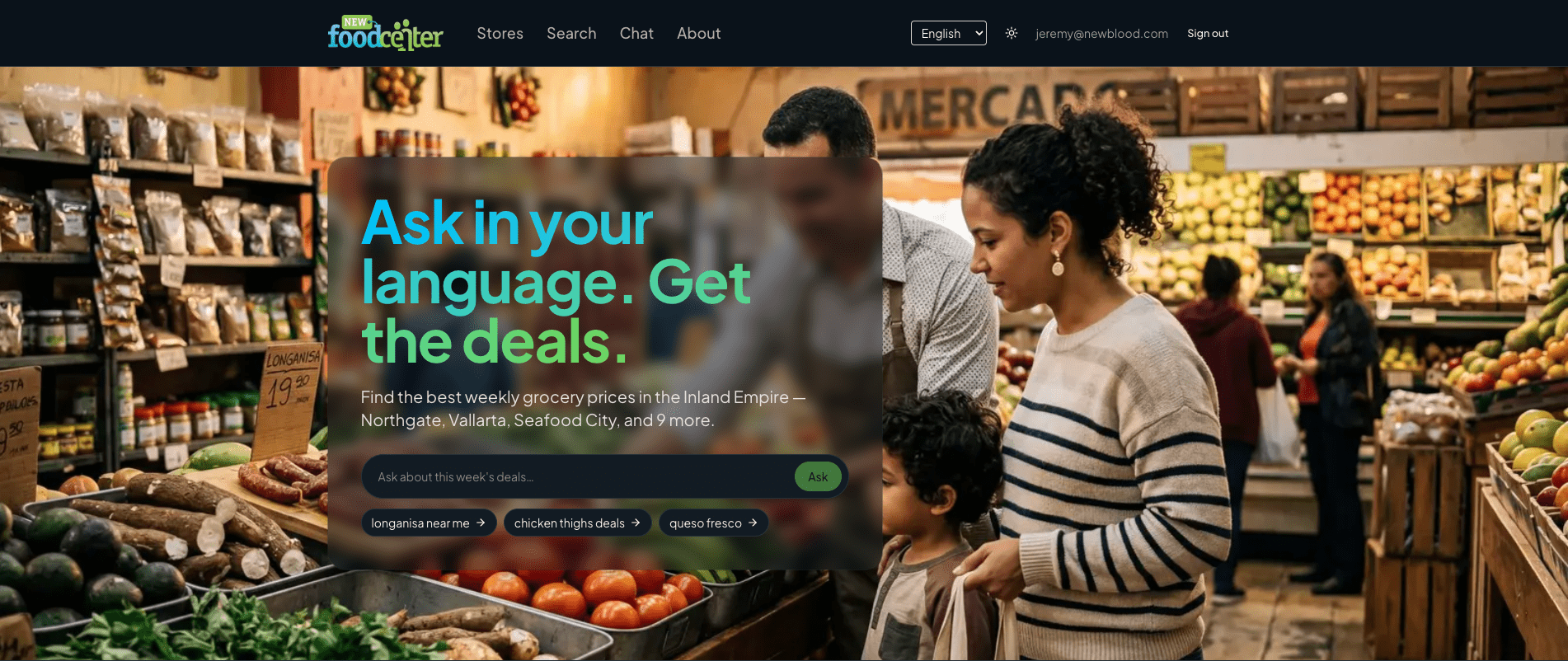 newfoodcenter.com homepage — multilingual grocery deals web app for the Inland Empire